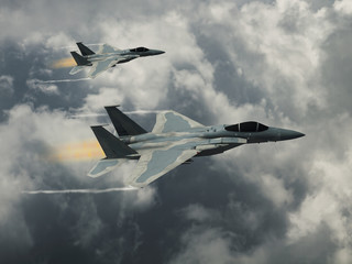 Computer Illustration - Modern US style jet fighters at high altitlutde in fast flight.