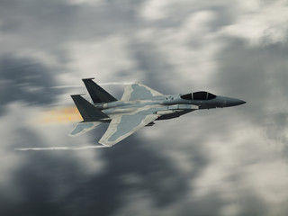 Fototapeta na wymiar Computer Illustration - Modern US style jet fighters at high altitlutde in fast flight. Blurred motion background.