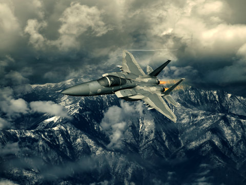 Computer Illustration - Modern US style jet fighters at high altitude in fast flight.
