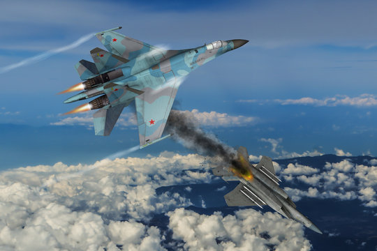 A dog fight between 2 modern jet fighters. American vs Russian made aircraft. (Computer Illustration)