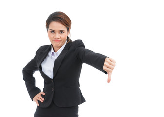 Asian business woman with thumb down isolated on white backgroun