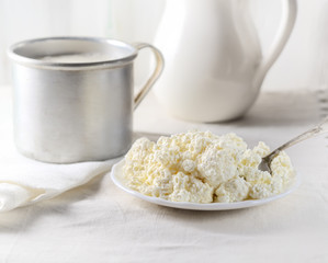 Dish of cottage cheese, a mug and a pitcher on a white background