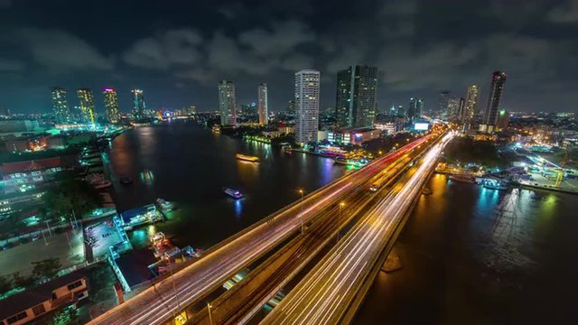 bangkok cityscape night chao phraya traffic river bridge roof panorama 4k time lapse thailand
