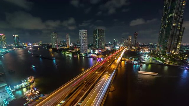 night light bangkok chao phraya river traffic bridge roof top panorama 4k time lapse thailand
