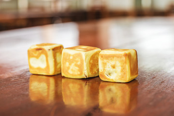 Close up of cube red bean bun 