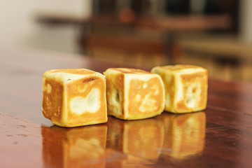 Close up of cube red bean bun 