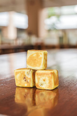 Close up of cube red bean bun 