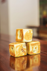 Close up of cube red bean bun 