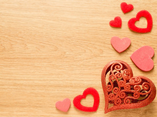Valentines day background with red glitter heart on wood floor. Love and Valentine concept.