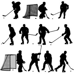 Set of silhouettes of hockey player. Isolated on white. Vector  