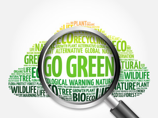 Go Green word cloud with magnifying glass, ecology concept