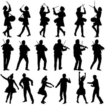 Black silhouettes of beautiful mans and womans. Drummer, violini