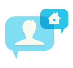two speech bubbles with head and house pictogram