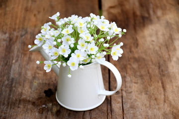 Decorative white flowers in vase on brown wood table
