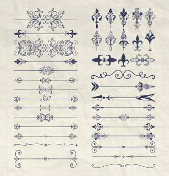 Hand Drawn Dividers, Arrows, Swirls on Notebook Paper
