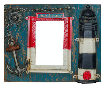 Unusual nautical photo frame. Lighthouse, anchor, chain, steering wheel