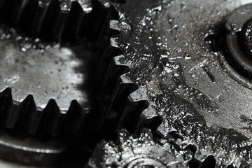 Contact of gear wheels in mechanism, concept of business partner - obrazy, fototapety, plakaty