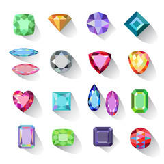 Flat style long shadow colored gems cuts icons © Anna Rassadnikova