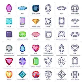 Low poly popular colored & blueprint outline gems cuts infograph