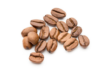 Coffee beans isolated on white background, closeup, macro