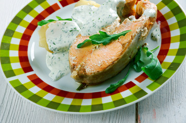 Poached salmon with vegetables