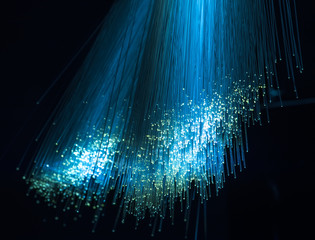 optical fibres dinamic flying from deep on technology background