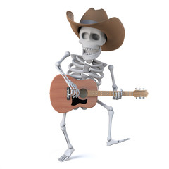 3d Cowboy skeleton dancing with his acoustic guitar