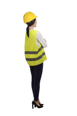 Asian woman wear had hat and safety vest