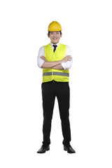 Asian worker wearing safety vest and yellow helmet