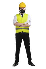 Asian worker wearing safety vest and yellow helmet