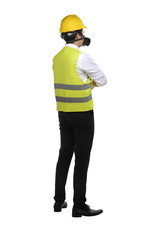 Asian worker wearing safety vest and yellow helmet