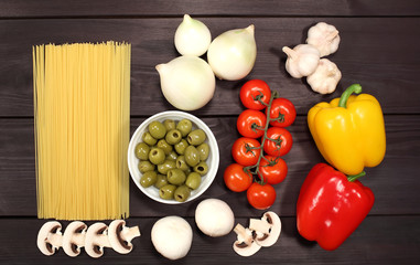 A set of ingredients for cooking pasta for Italian recipe