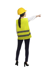 Asian woman wear had hat and safety vest