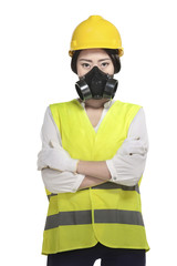 Asian woman wear had hat and safety vest