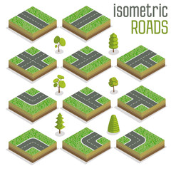 Isometric City Road Elements Set with Trees