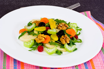 Dietary Delicious Salad on White Plate of Arugula, Par, Walnut a