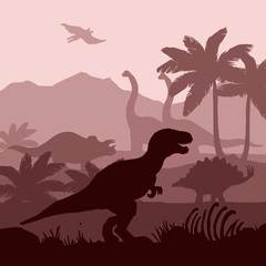 Dinosaurs silhouettes layers background banner illustration. 