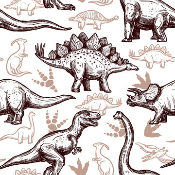 Fototapeta Dinosaurs footprints seamless pattern two-color doodle