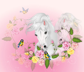 Naklejka na ściany i meble Beautiful white horses with rose decoration