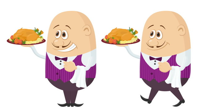 Fullhd 1920x1080 Progressive Seamlessly Looping Video, Waiters, Cartoon Characters in Uniform with Christmas Turkey on Trays, Coming to Serve Clients. Animated Elements. Alpha Matte Included