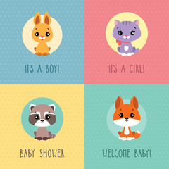 Set of cute baby cards with little cartoon animals. Vector illustration.