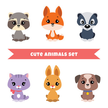 Set of cute little animals: raccoon, foxy, badger, kitten, bunny and puppy. Vector illustration
