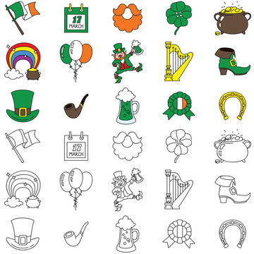 Set of St. Patrick's Day icons isolated on white background. Vector doodle illustration.