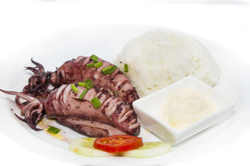 with rice and salad and sauce grilled squid