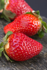 large strawberries dark background. choicest berries. color image with space for text. side and top view