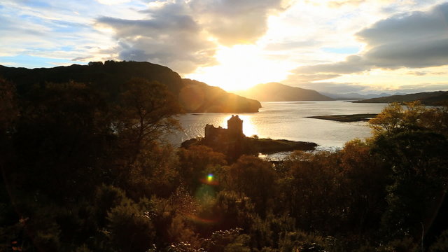 Sunset at Eilean Donan Castle on Loch Duich in the Scottish Highlands, Scotland, UK