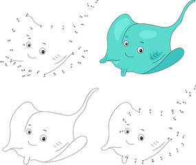Cartoon smiling stingray. Coloring book and dot to dot game for