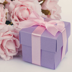 pink flowers and  gift box 