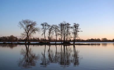 Fototapeta na wymiar Pond with island in the morning sunrise