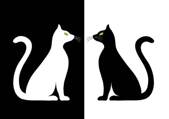 Two stylized silhouette of black and white cats